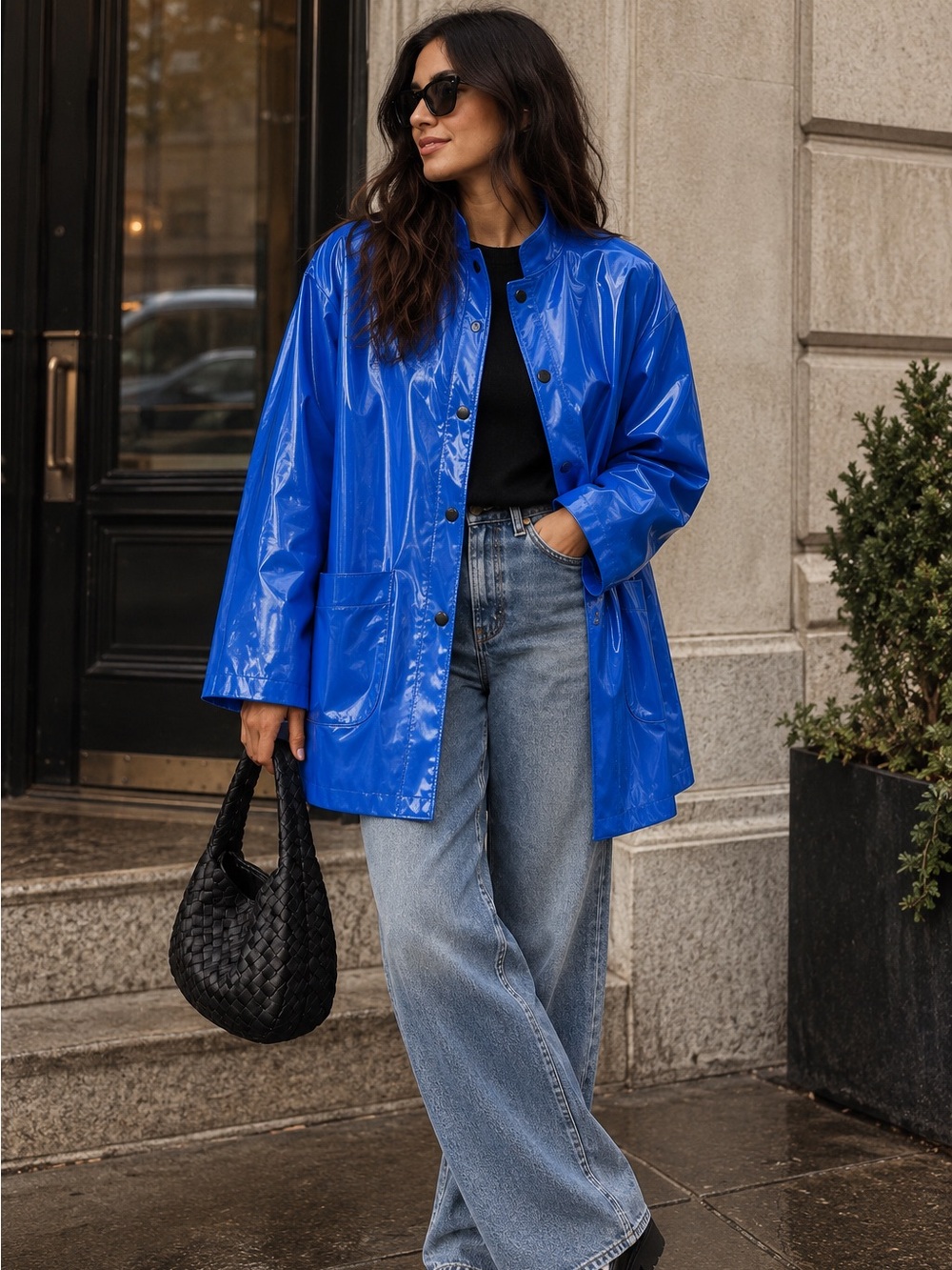 Vintage Aqua Sheen Blue Vinyl Raincoat Jacket L Costa Rica